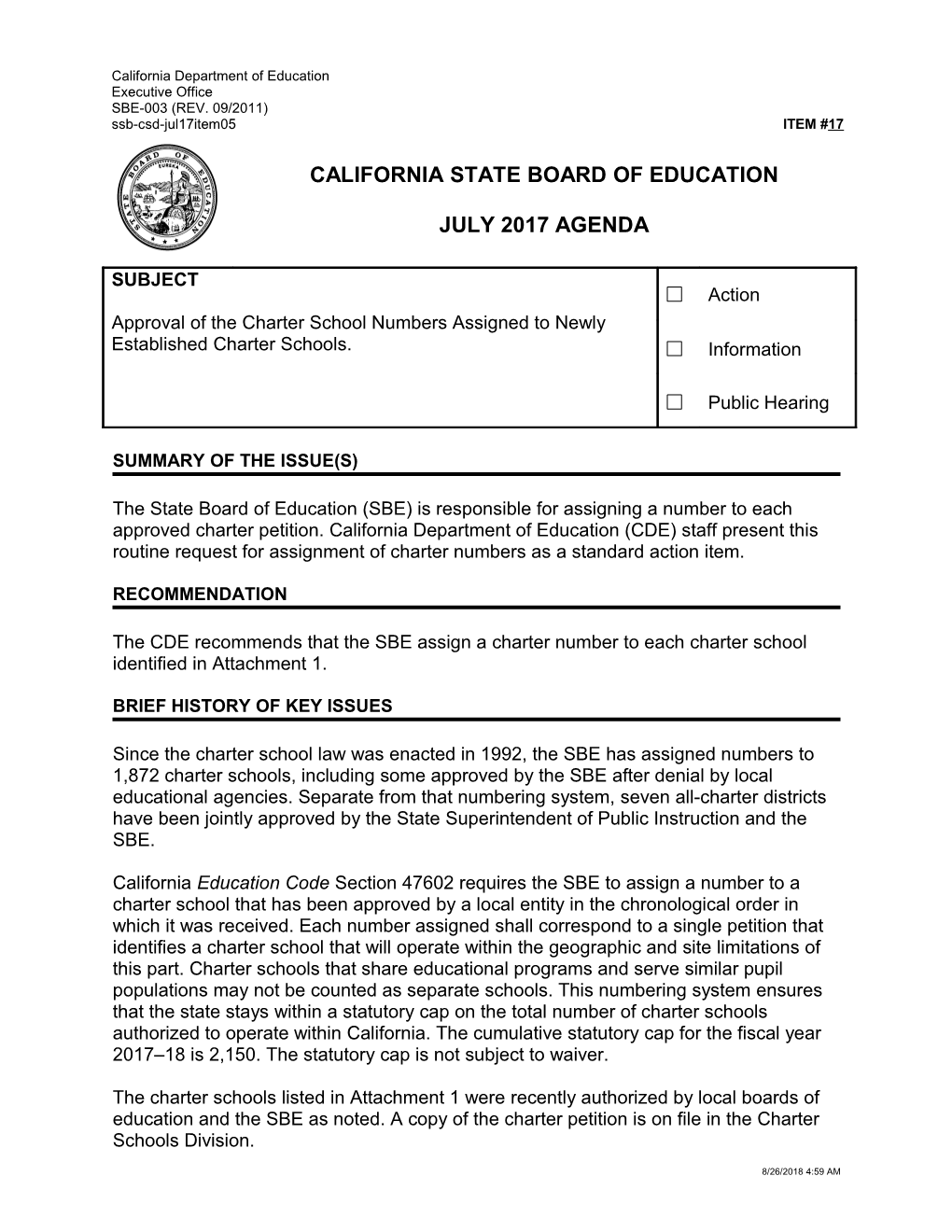July 2017 Agenda Item 17 - Meeting Agendas (CA State Board of Education)