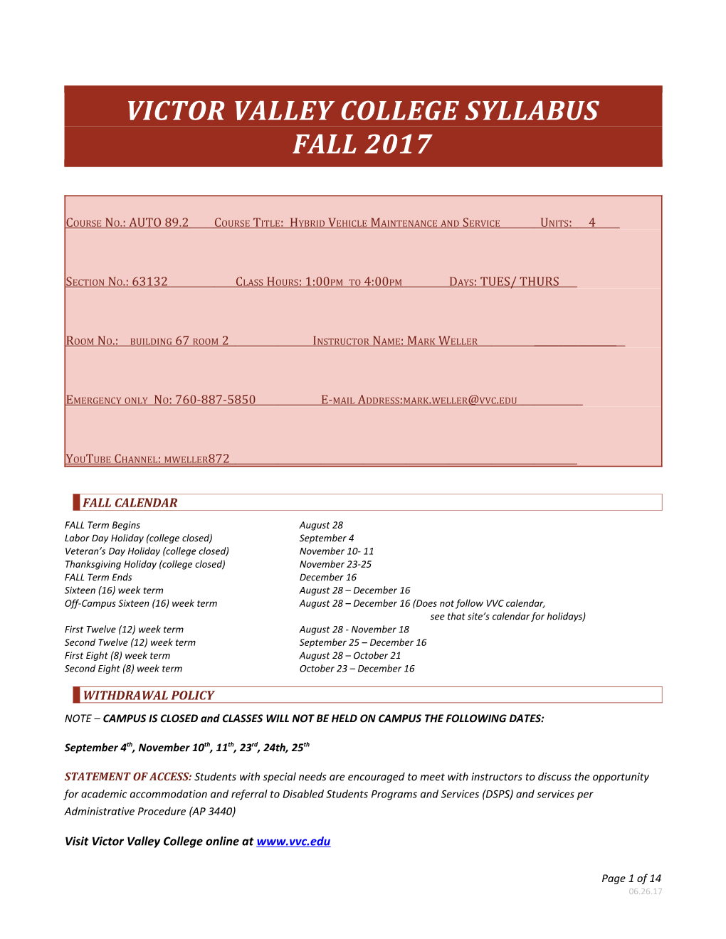 Victor Valley College Syllabus
