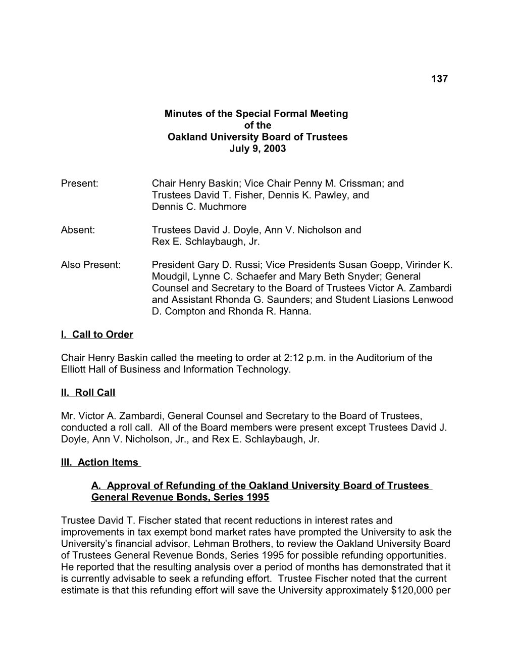 Minutes of the Special Formal Meeting