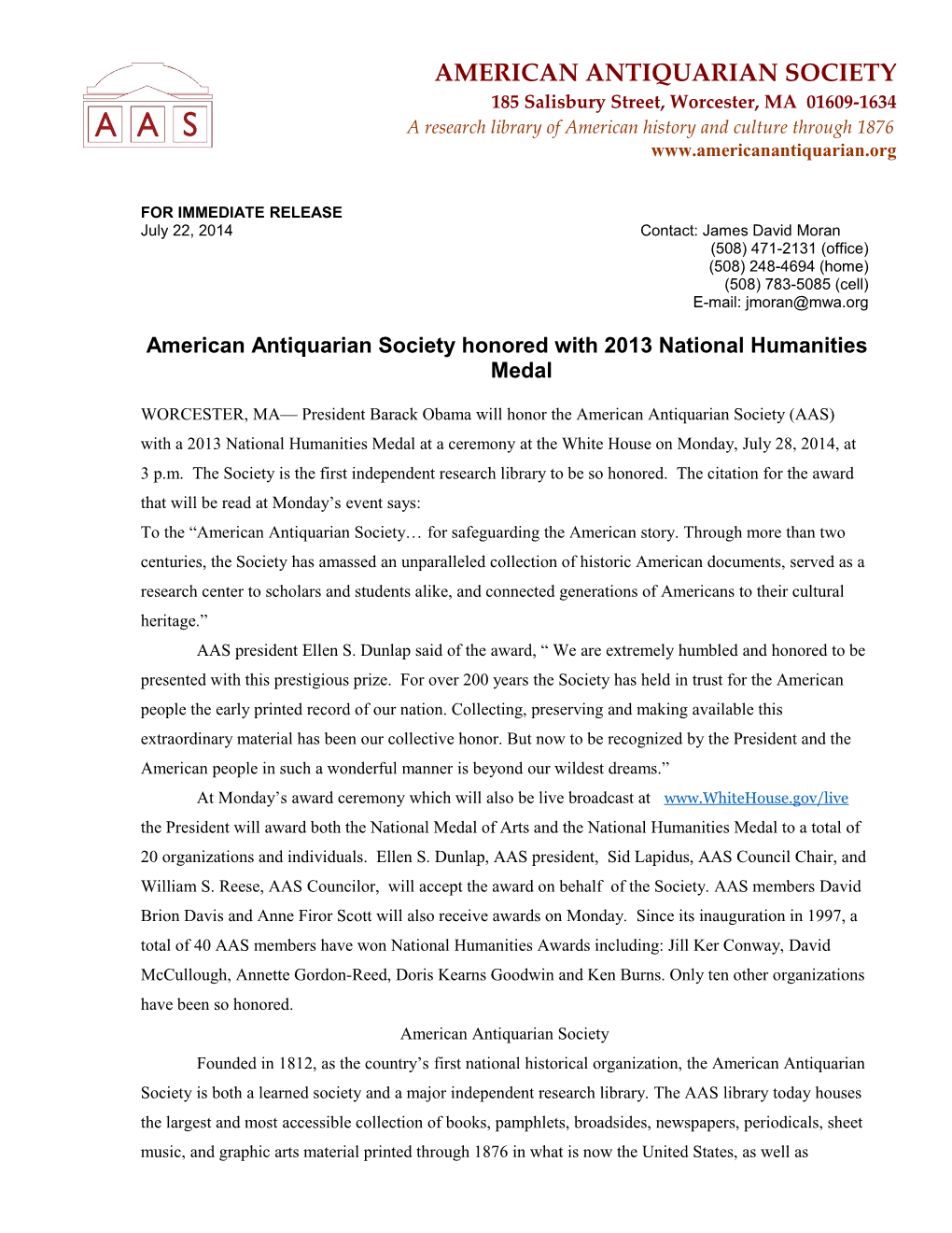AAS 2013 National Humanities Award (Continued) Page 2 of 2