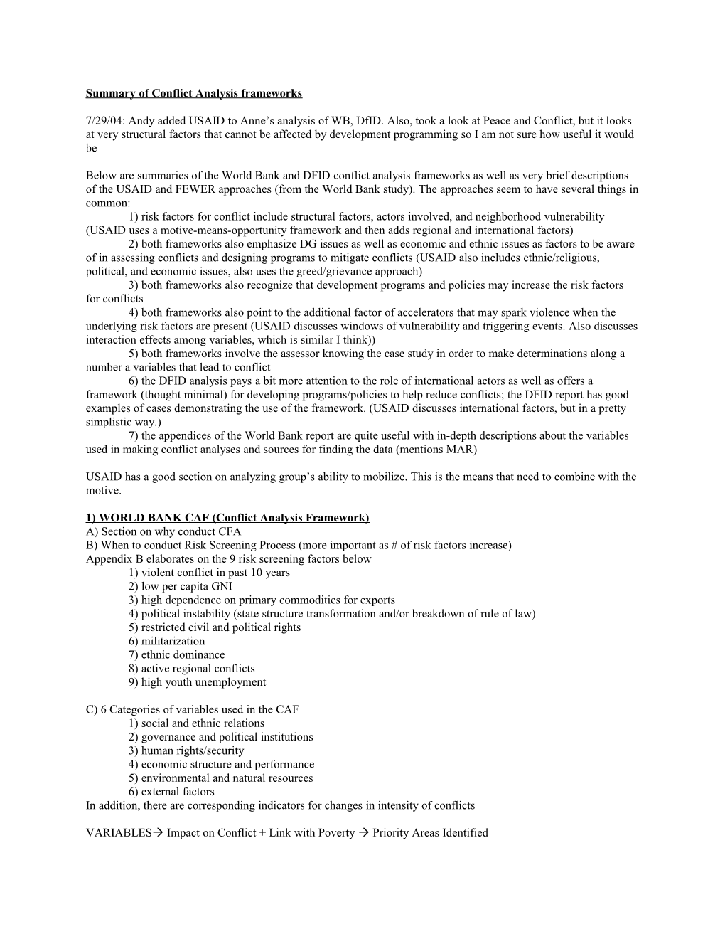 Summary of Conflict Analysis Frameworks