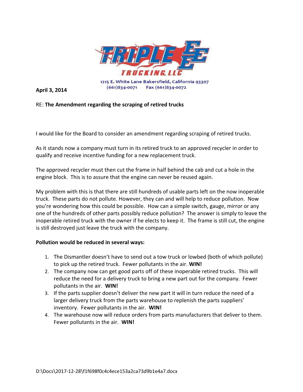 RE: the Amendment Regarding the Scraping of Retired Trucks