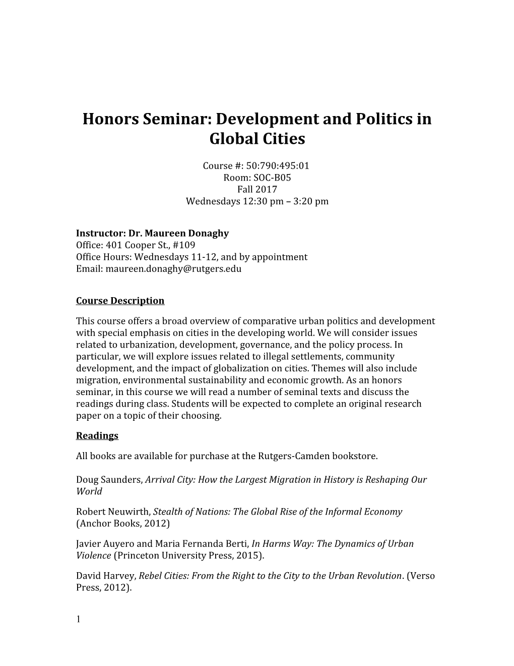 Honors Seminar: Development and Politics in Global Cities