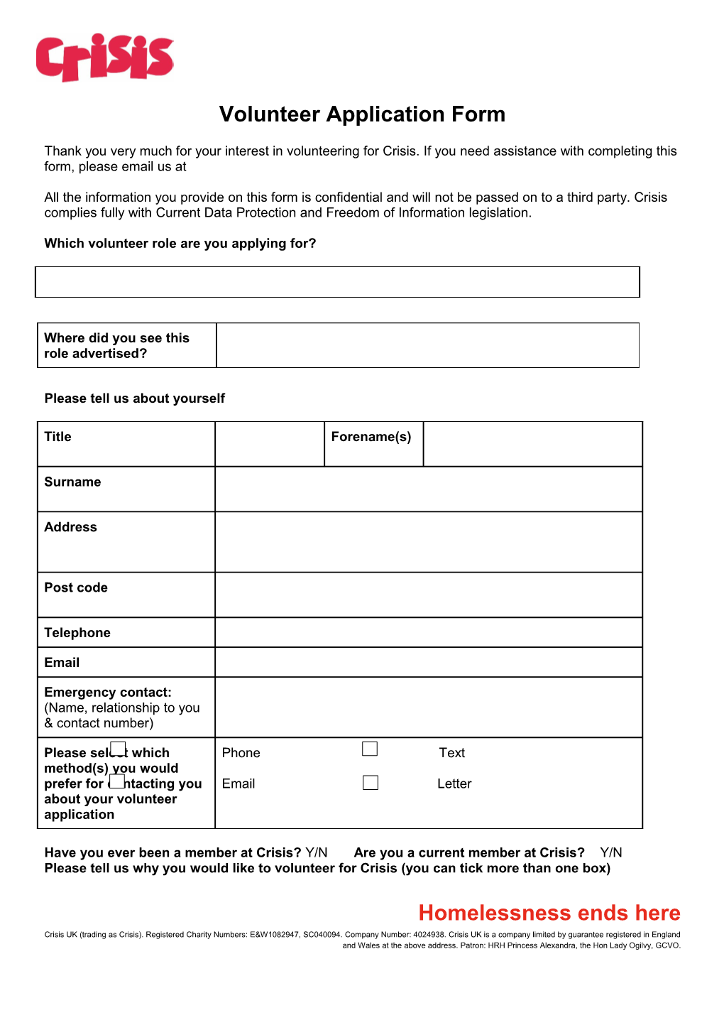 Volunteer Application Form Blank