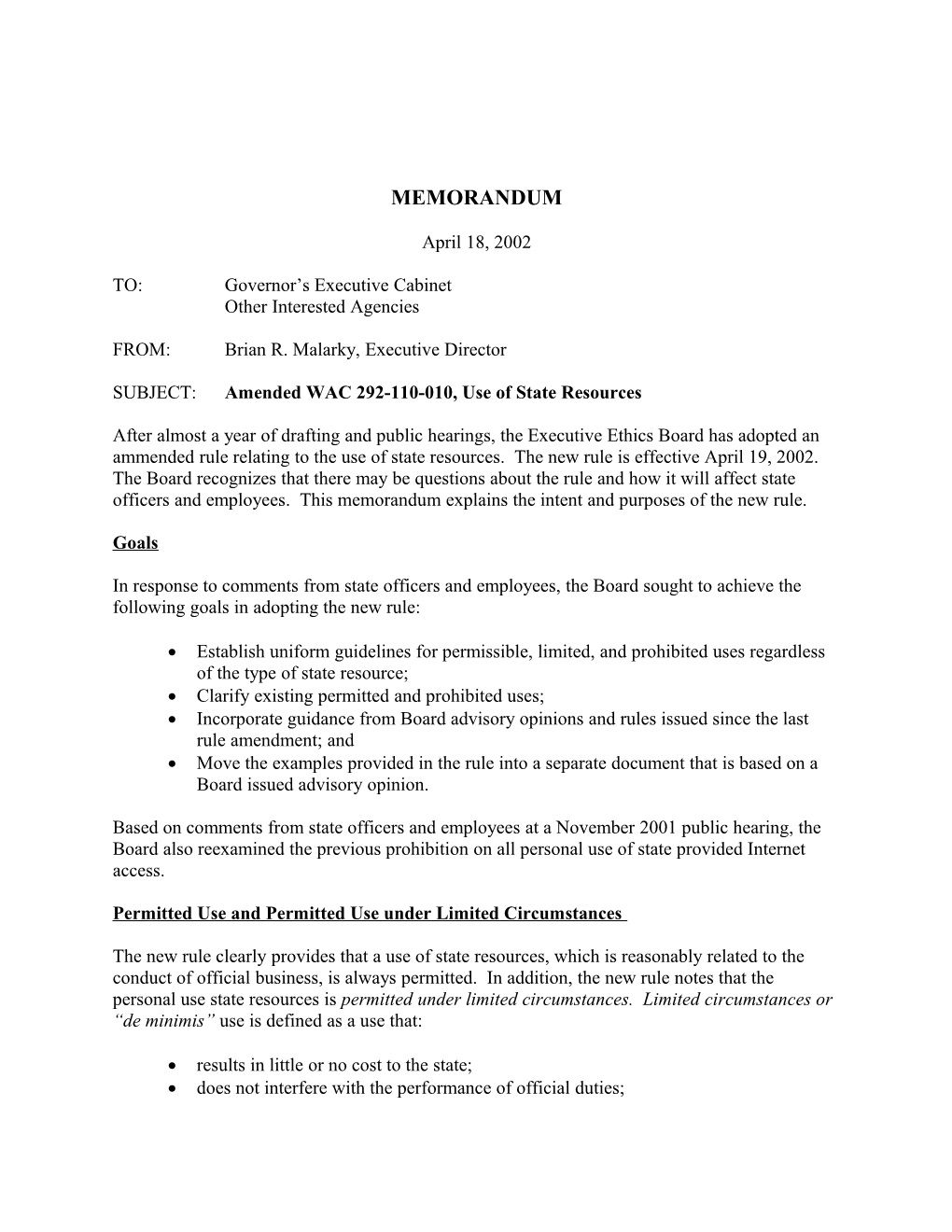 Memorandum to the Governor S Executive Cabinet Regarding WAC 292-110-010