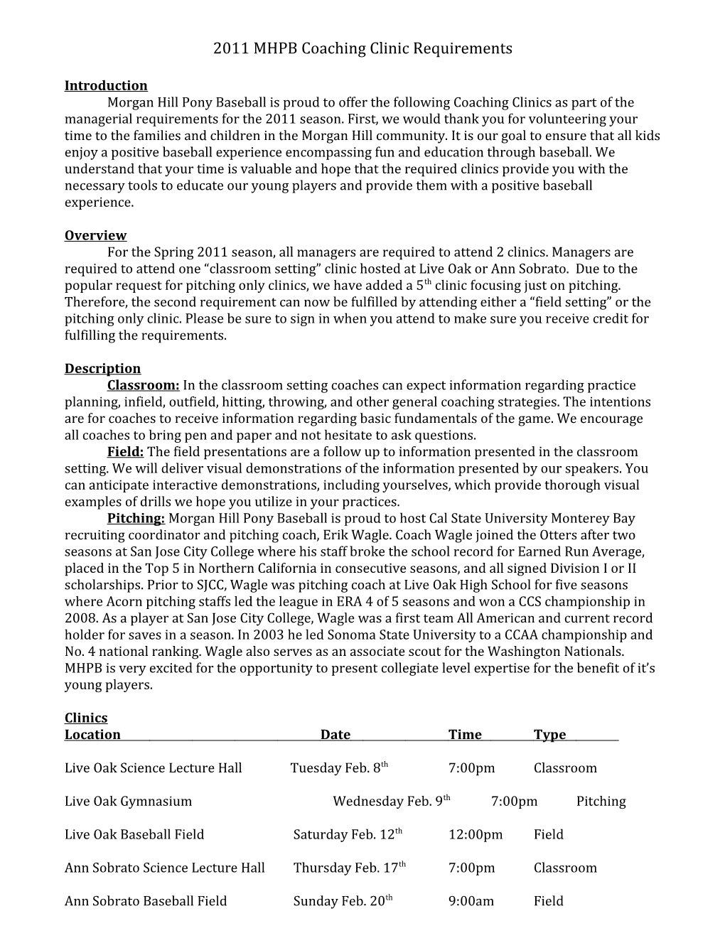 2011 MHPB Coaching Clinic Requirements