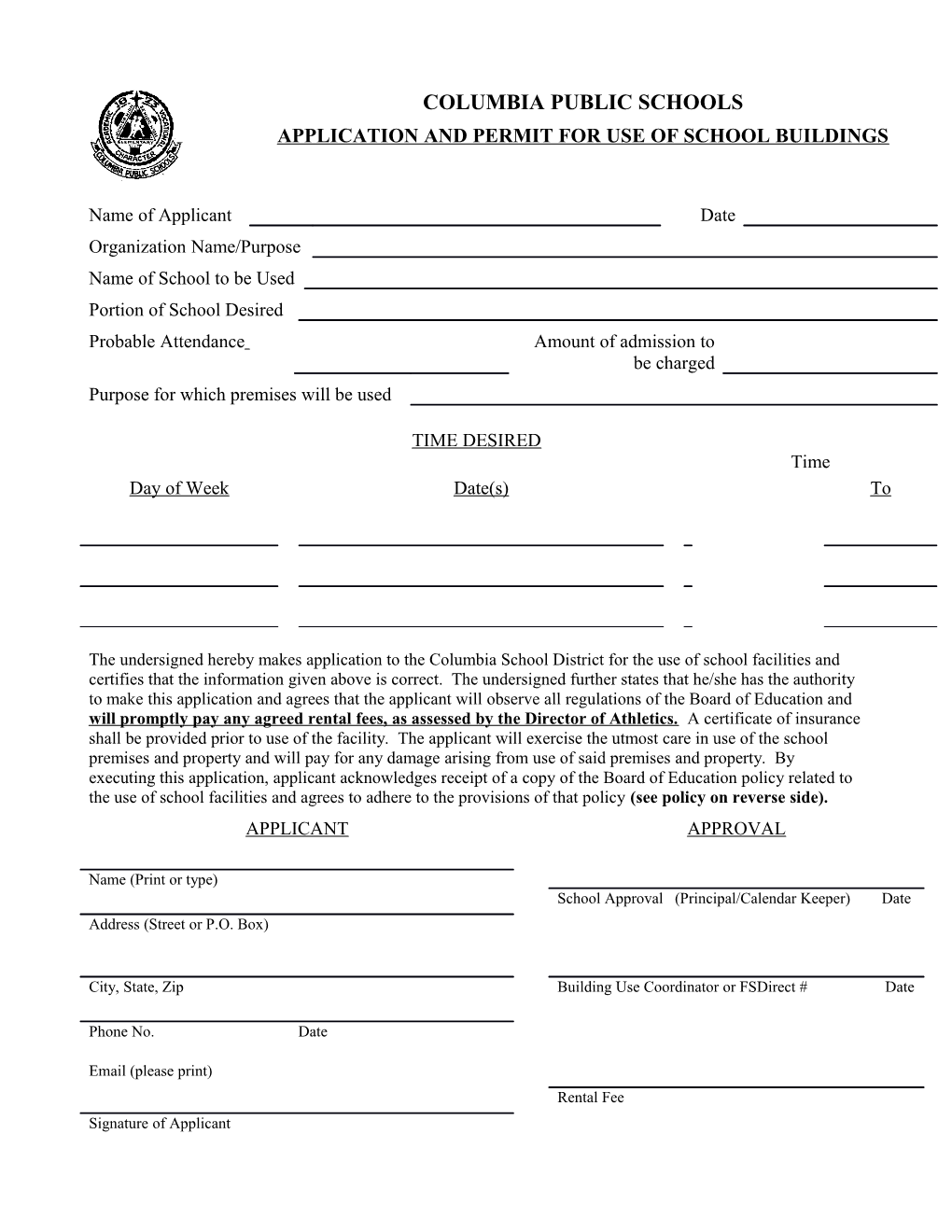 Application and Permit for Use of School Building