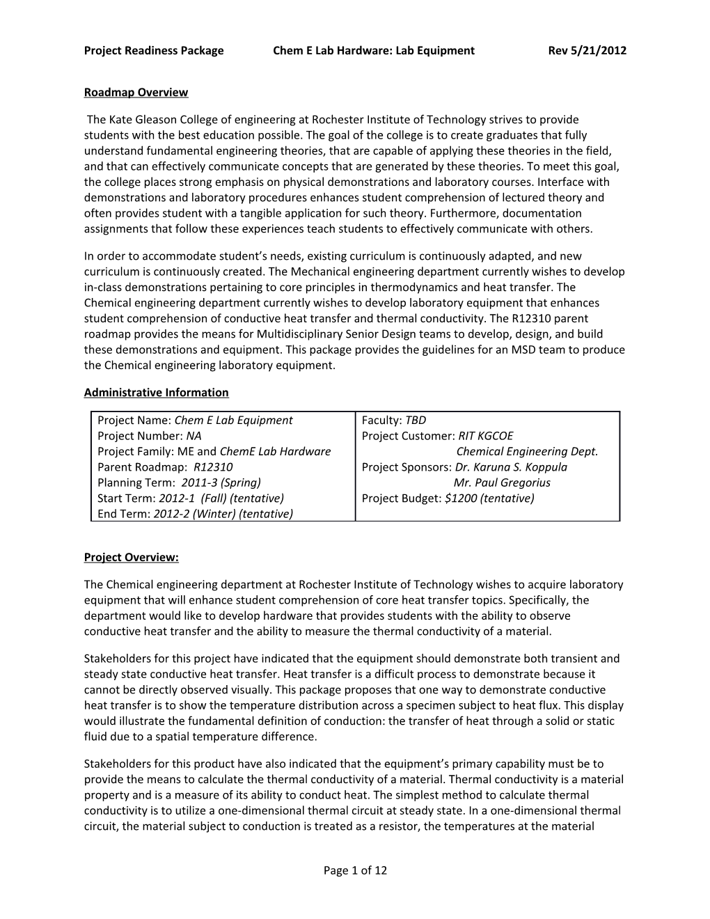 Project Readiness Package Chem E Lab Hardware: Lab Equipmentrev 5/21/2012