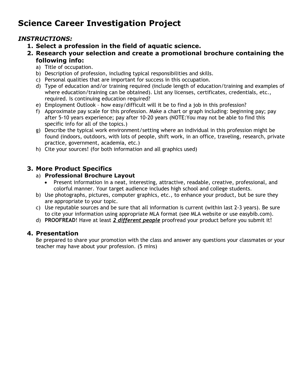 Science Career Project Rubric