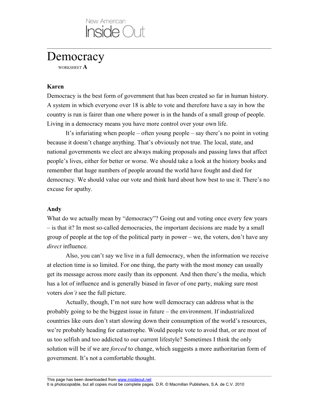 Democracy Worksheet A