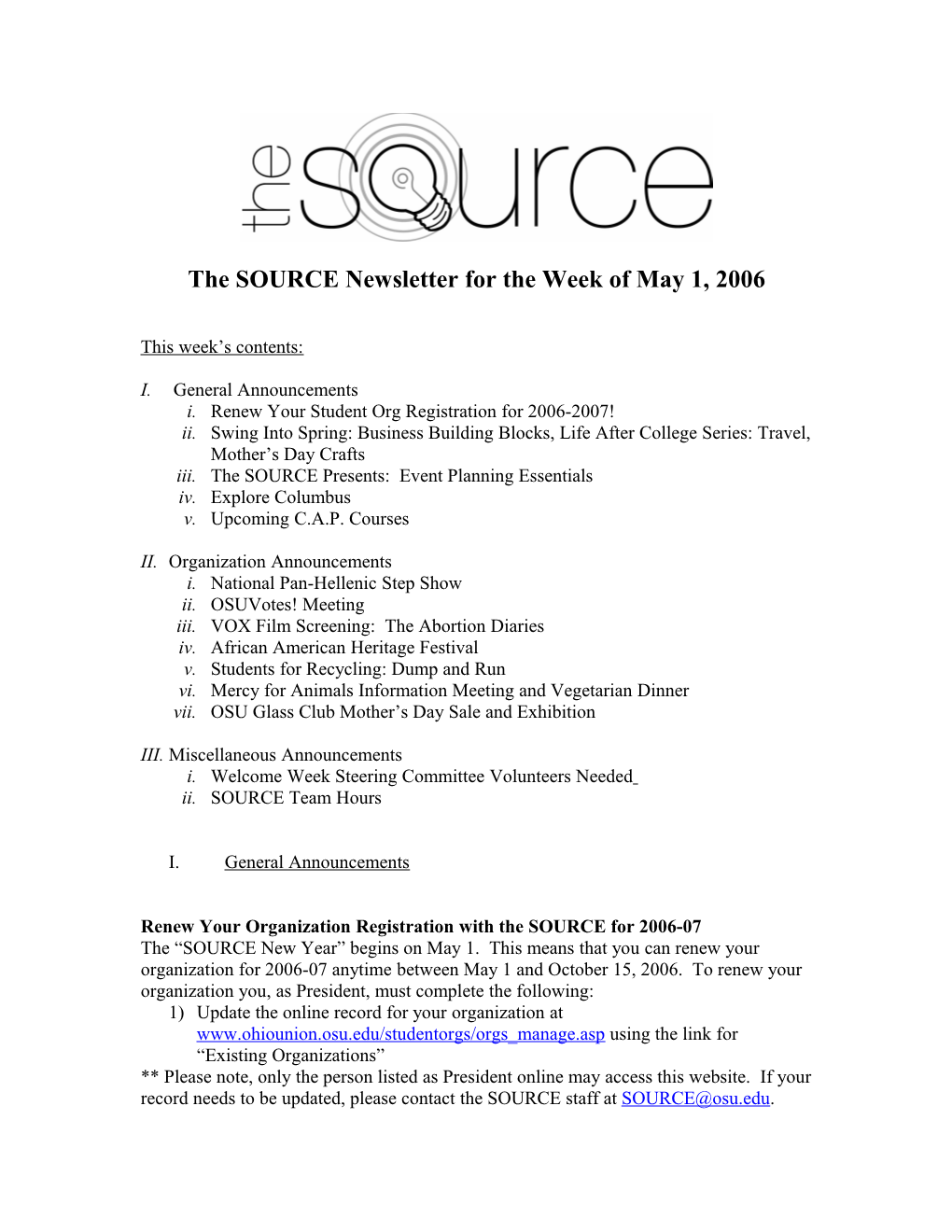 The SOURCE Newsletter for the Week of May 1, 2006