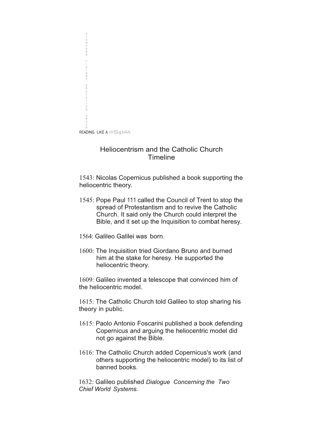 Heliocentrism and the Catholic Church Timeline