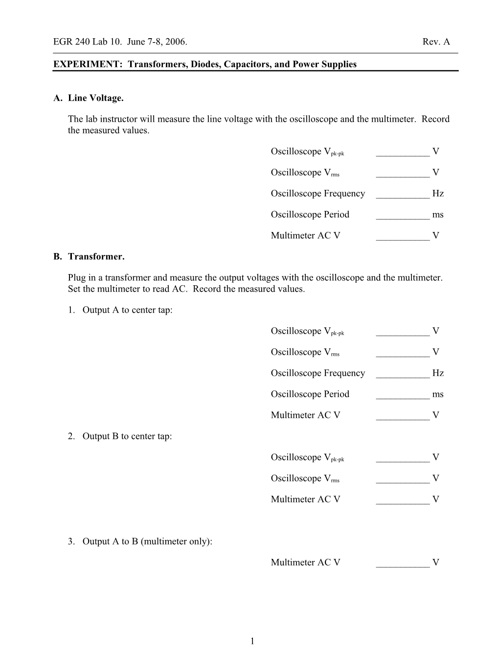 EXPERIMENT: Transformers, Diodes, Capacitors, and Power Supplies