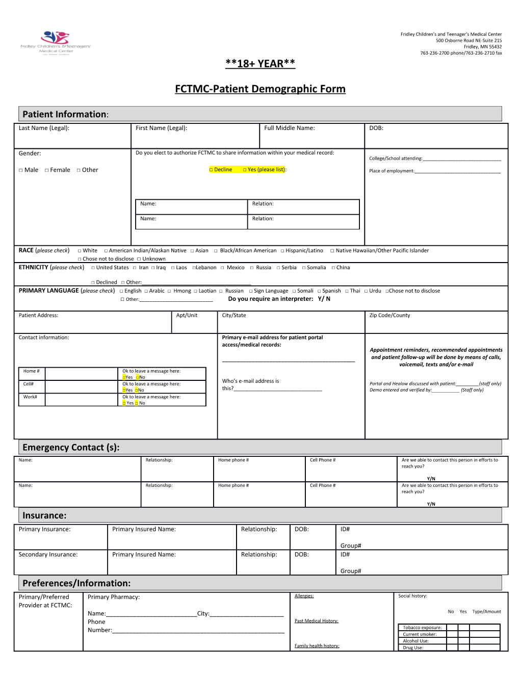 FCTMC-Patient Demographic Form