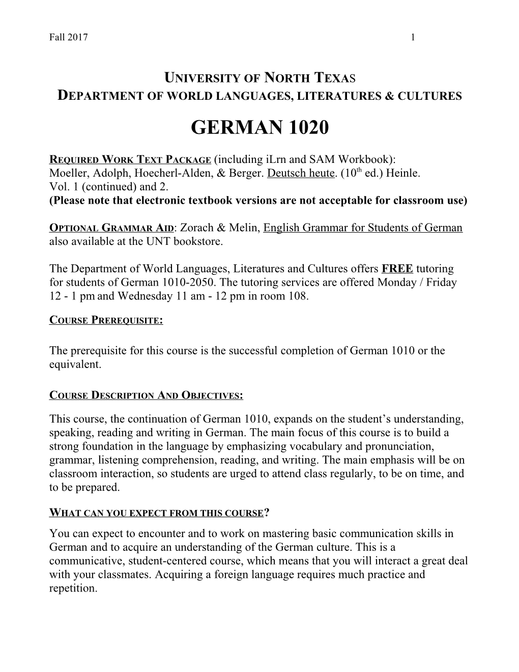 University of North Texa S Department of World Languages, Literatures & Cultures German 1020 s2