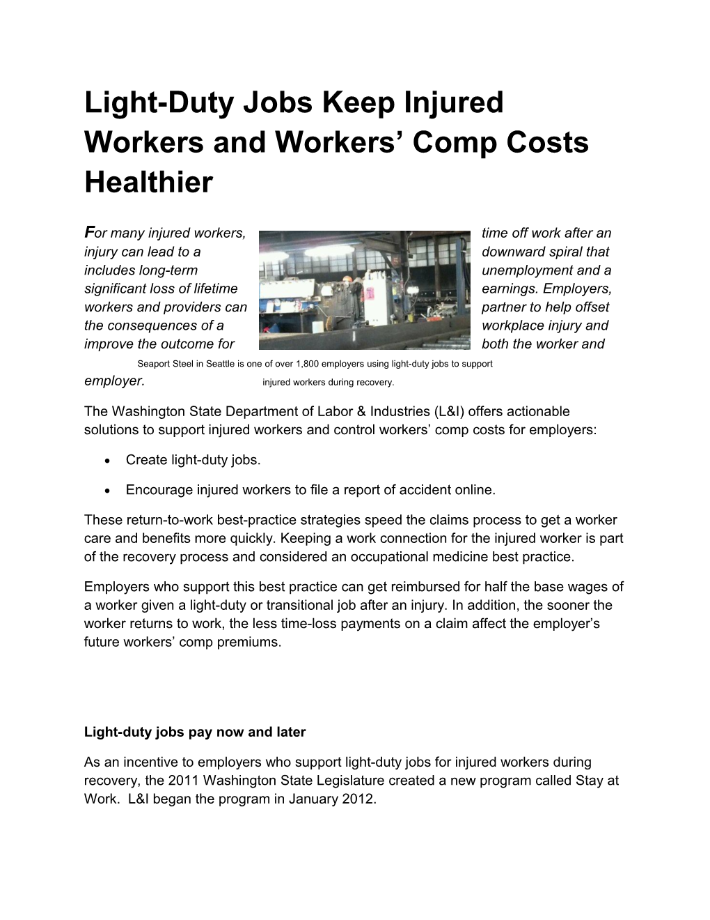 Light-Duty Jobs Keep Injured Workers and Workers Comp Costs Healthier