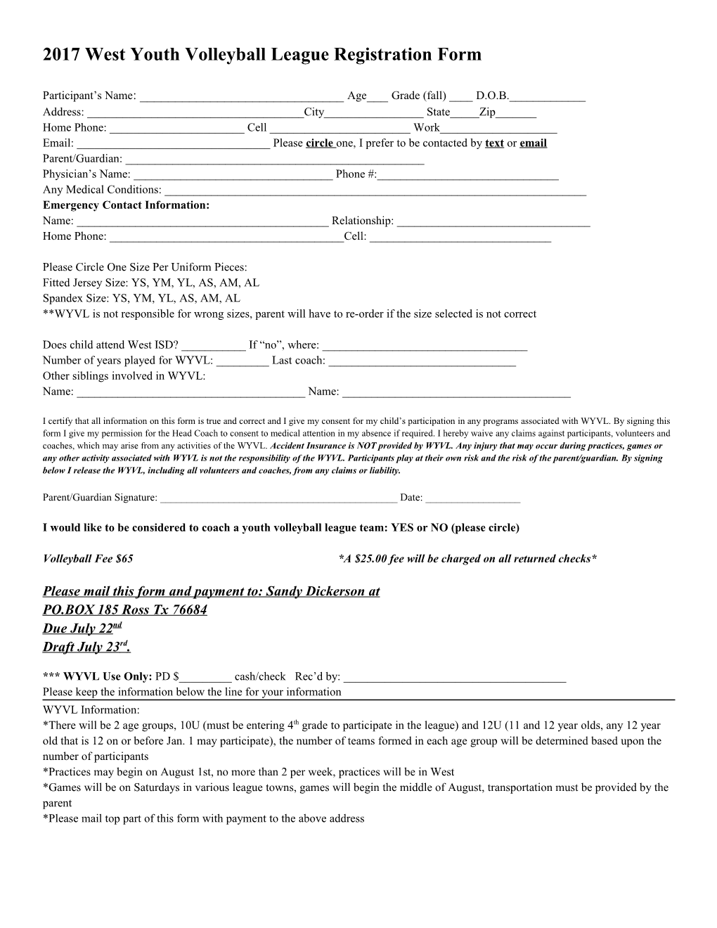 2010 WWFL Football Registration Form
