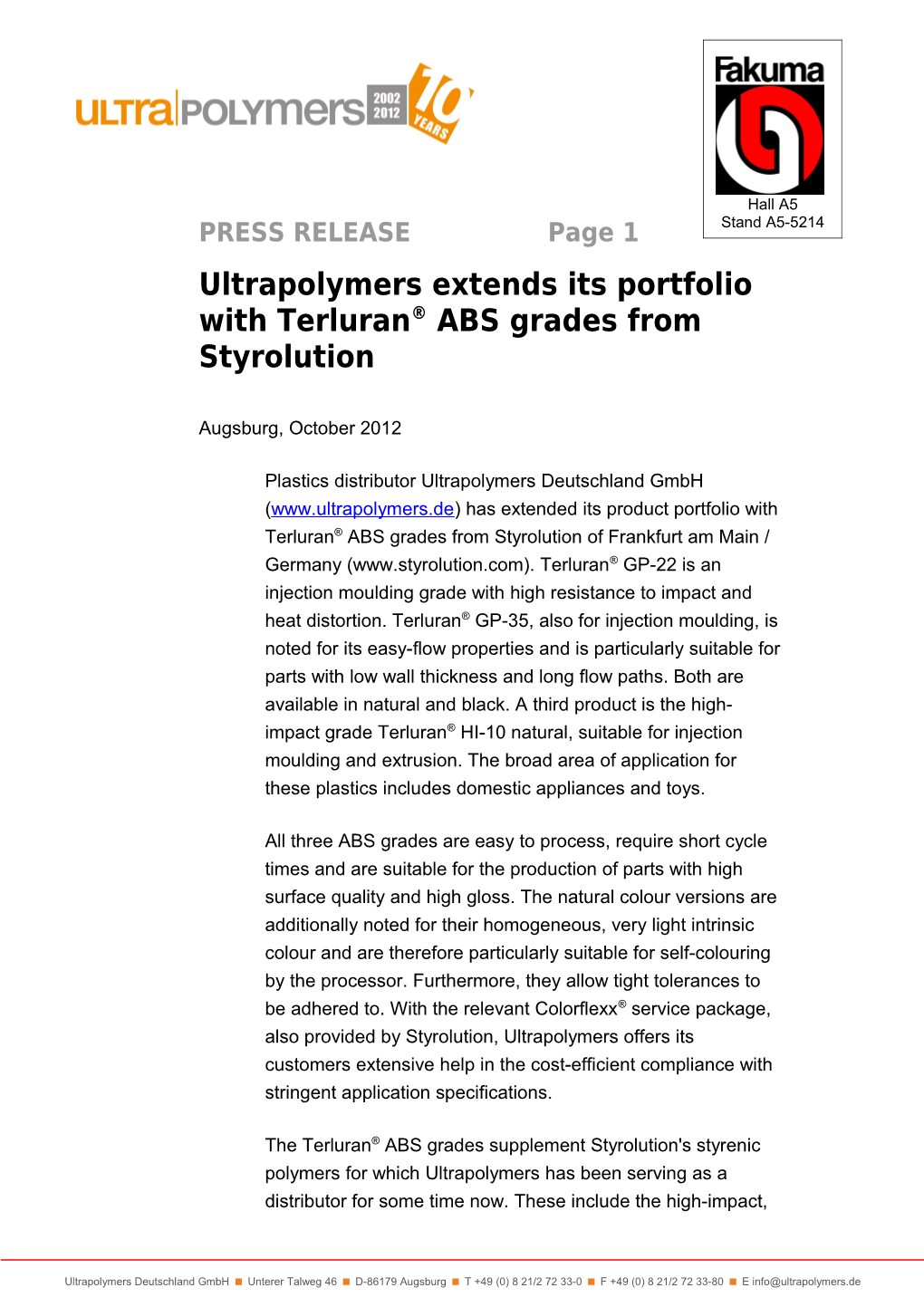 Ultrapolymers Extends Its Portfolio with Terluran ABS Grades from Styrolution