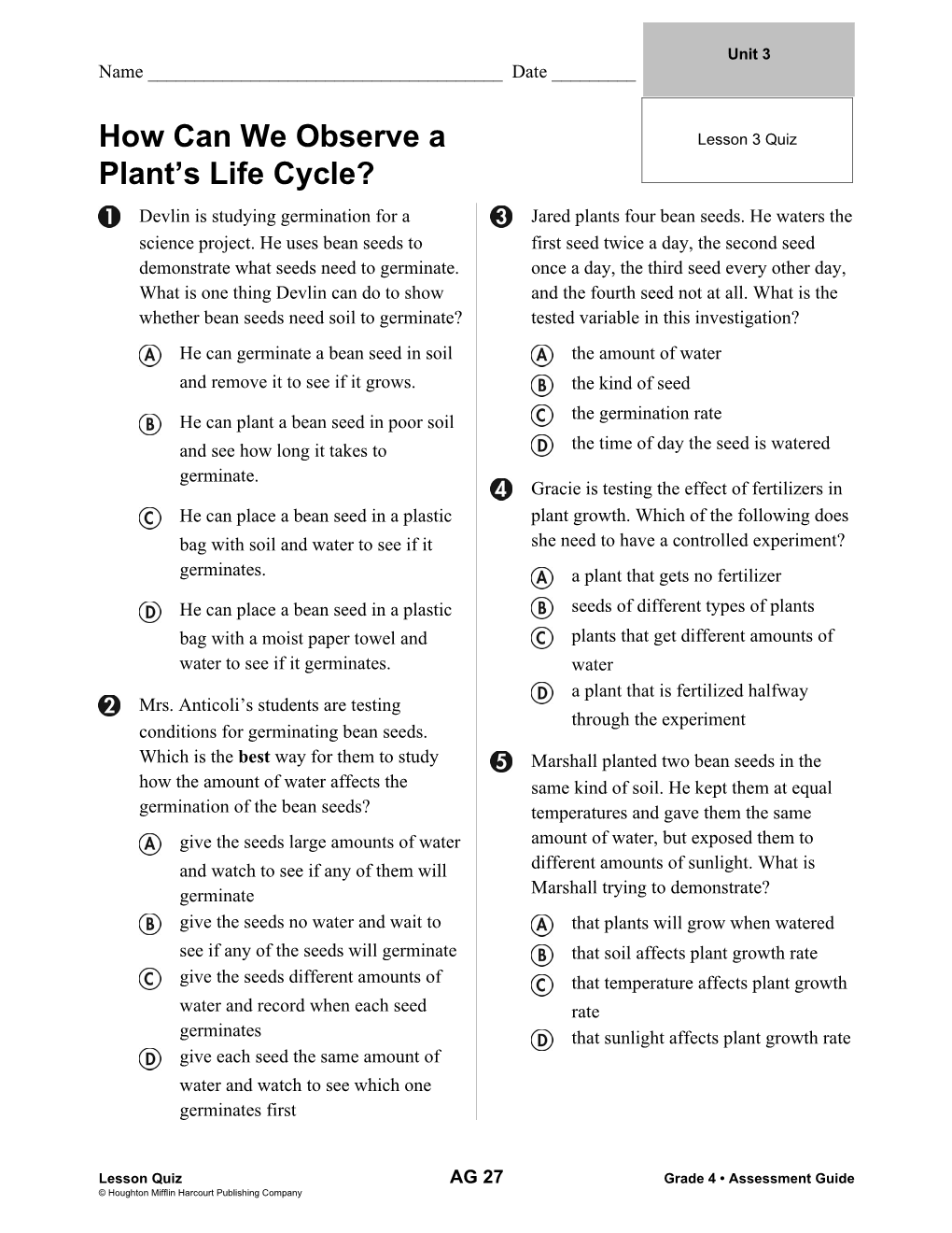 Lesson Quizag 27Grade 4 Assessment Guide