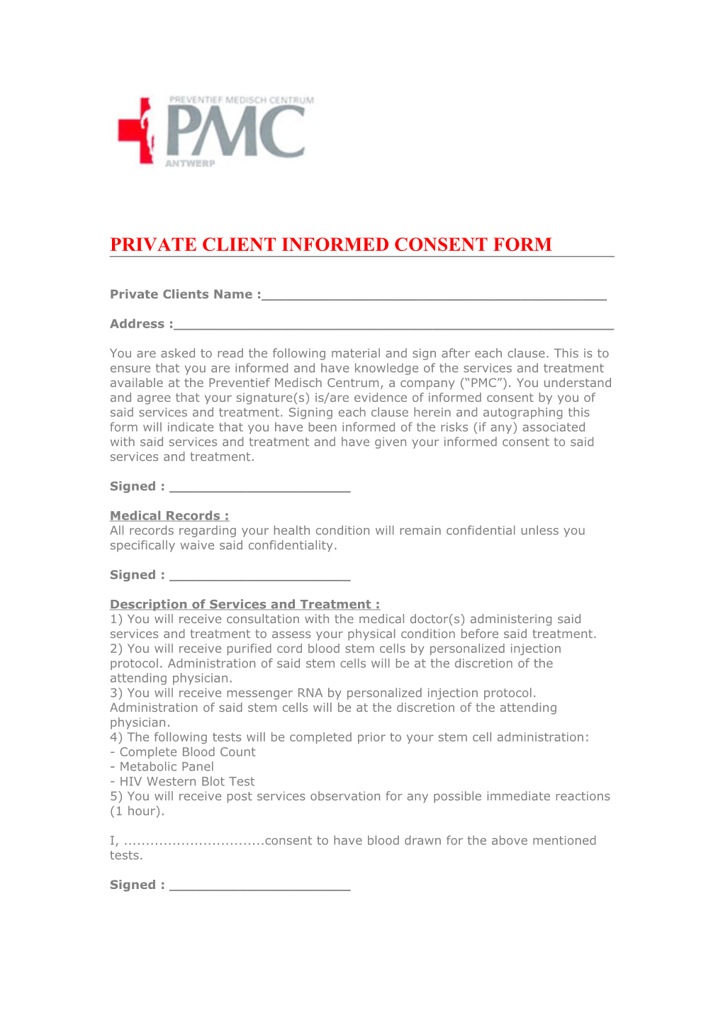 Private Client Informed Consent Form
