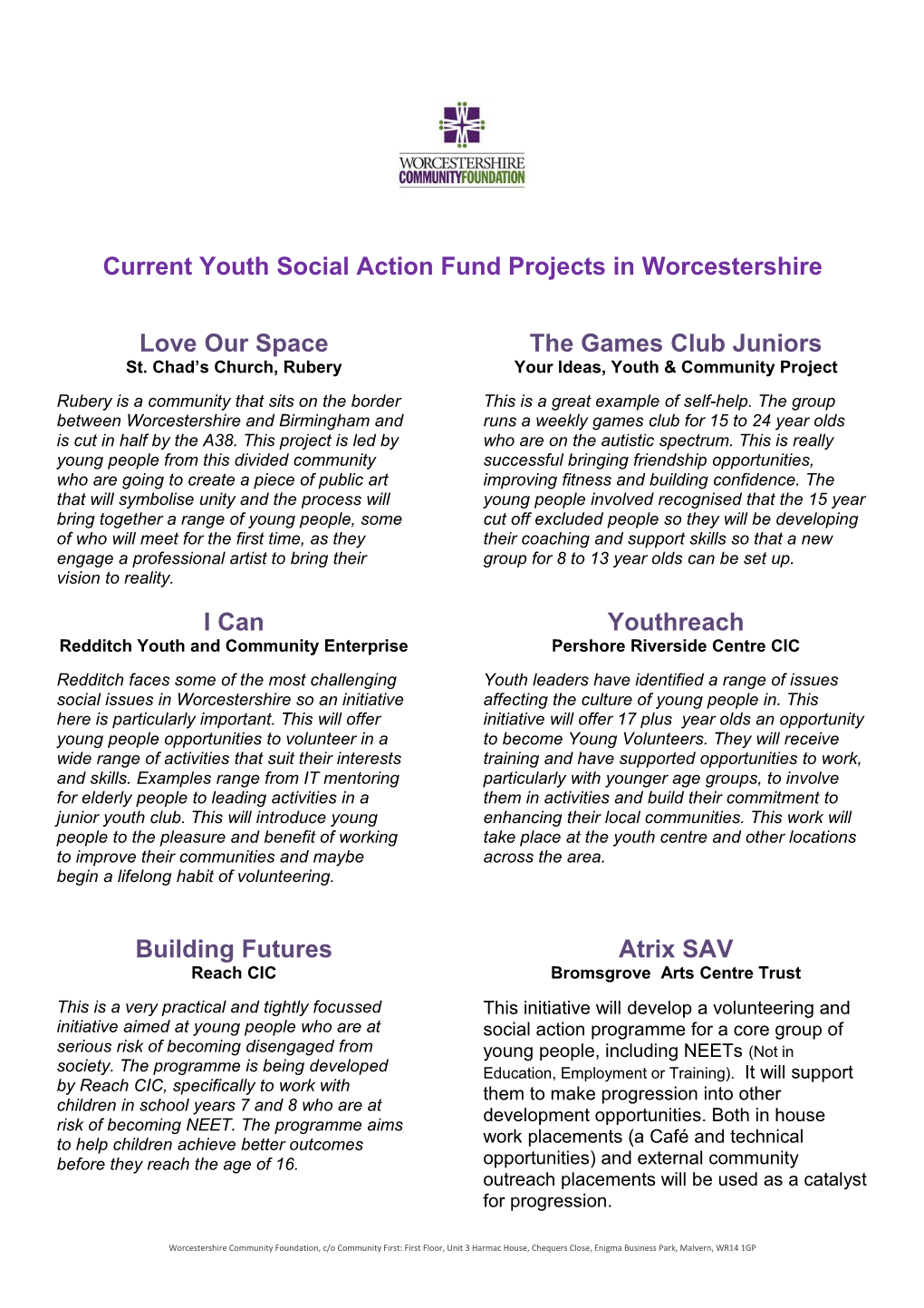 Current Youth Social Action Fund Projects in Worcestershire