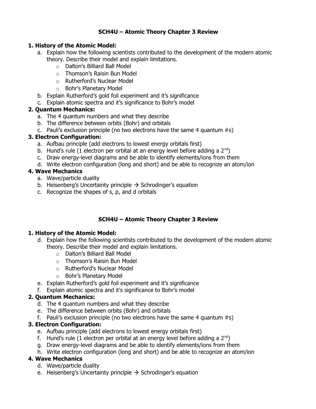 SCH4U Atomic Theory Chapter 3 Review