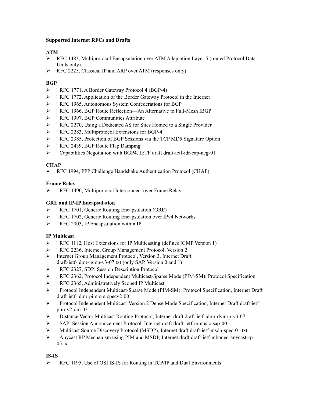 Supported Internet Rfcs and Drafts