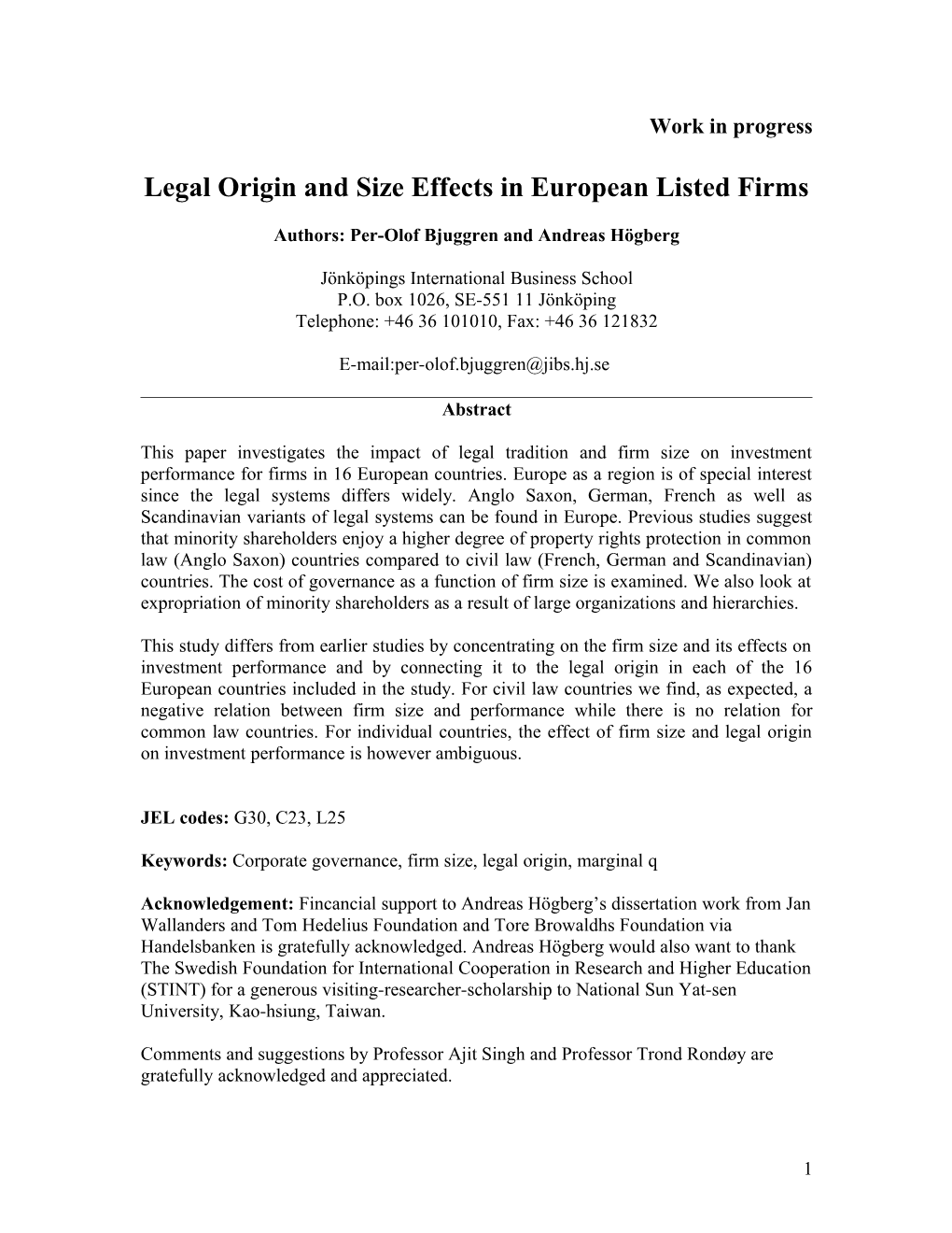 Legal Origin and Size Effects in European Listed Firms