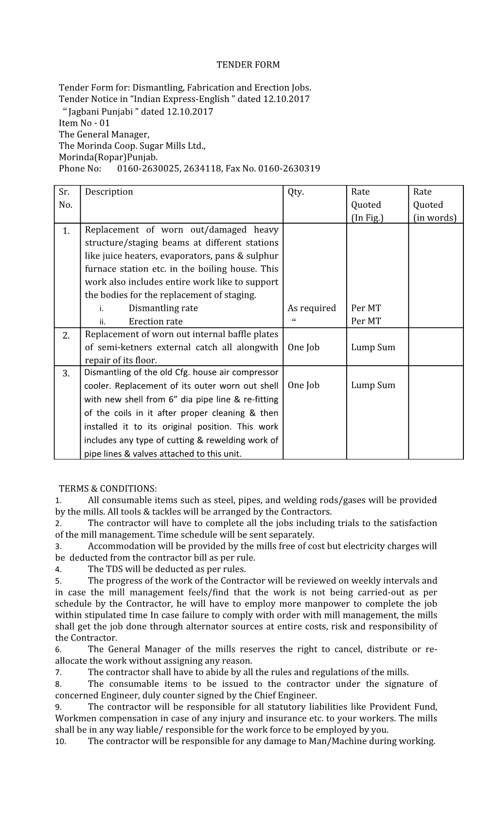 Tender Form For: Dismantling, Fabrication and Erection Jobs