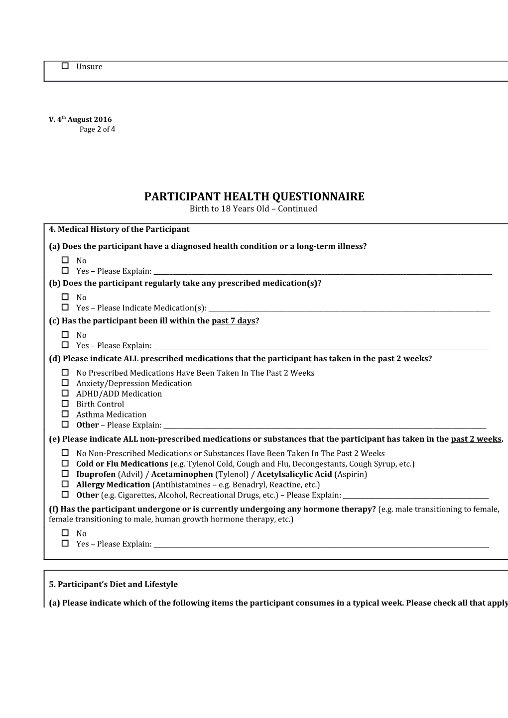 Participant Health Questionnaire