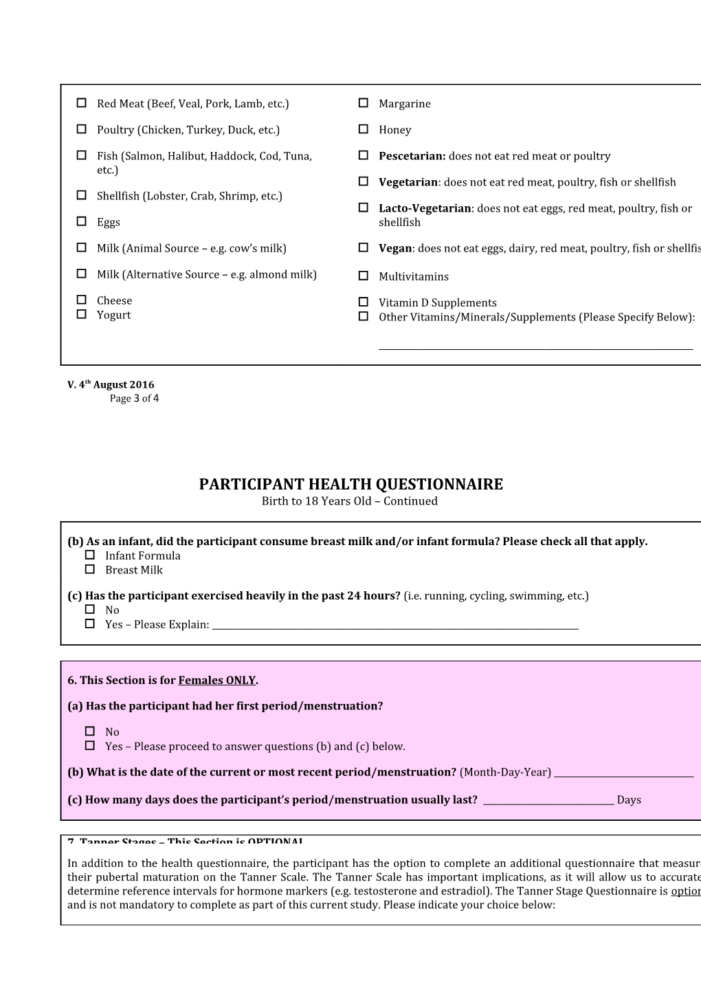 Participant Health Questionnaire