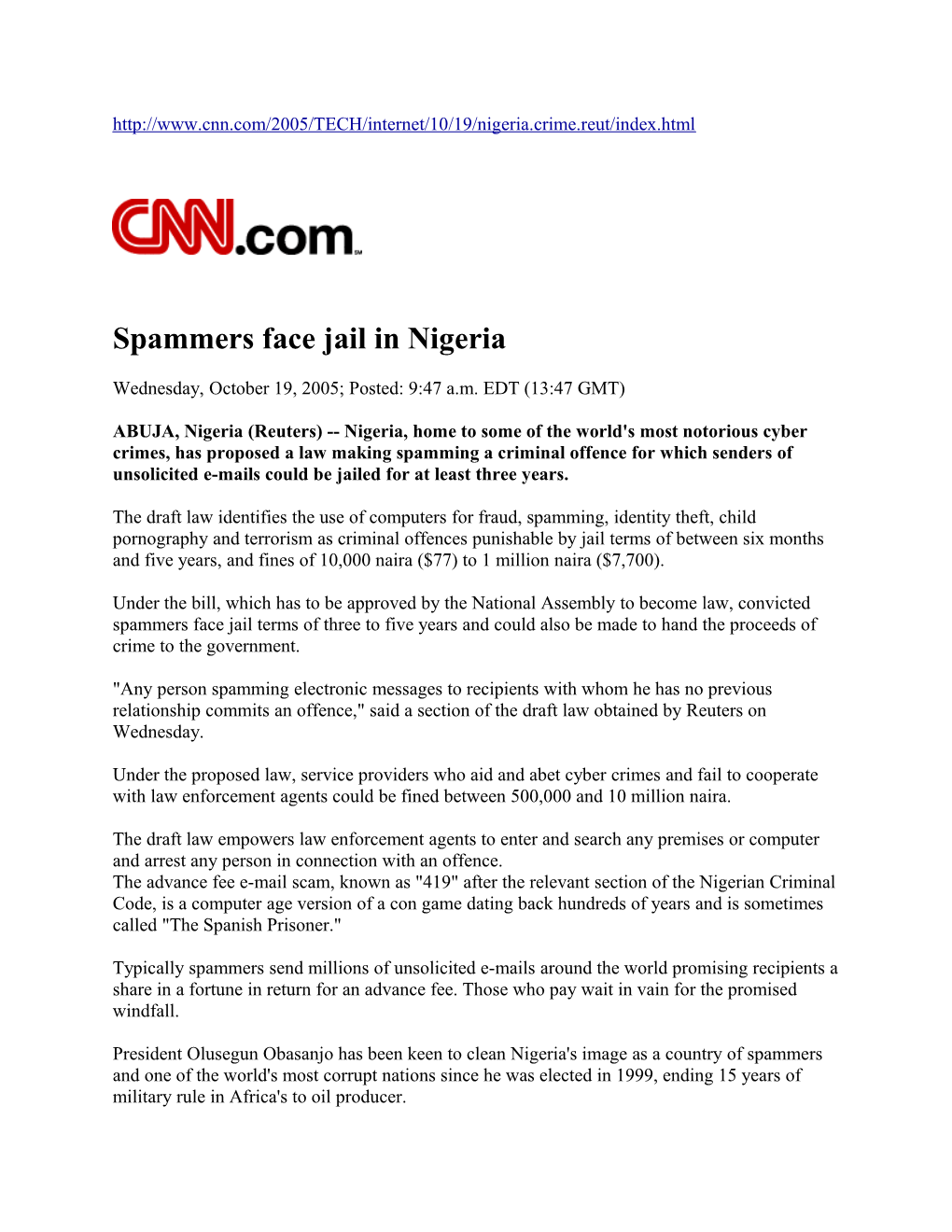 Spammers Face Jail in Nigeria - CNN/Reuters