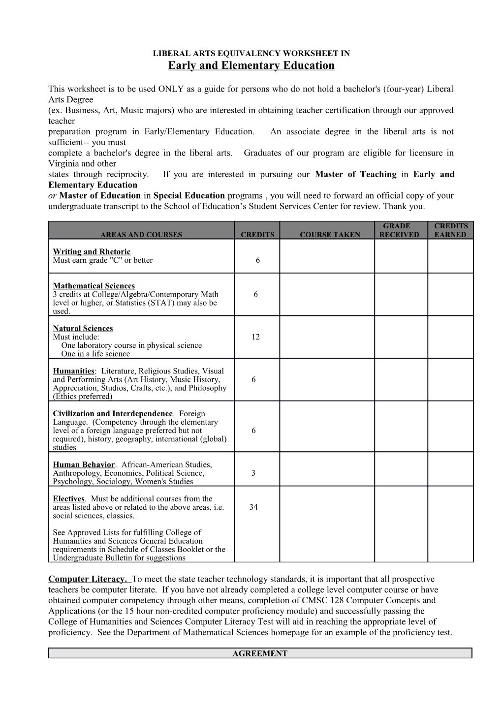 Liberal Arts Equivalency Worksheet In