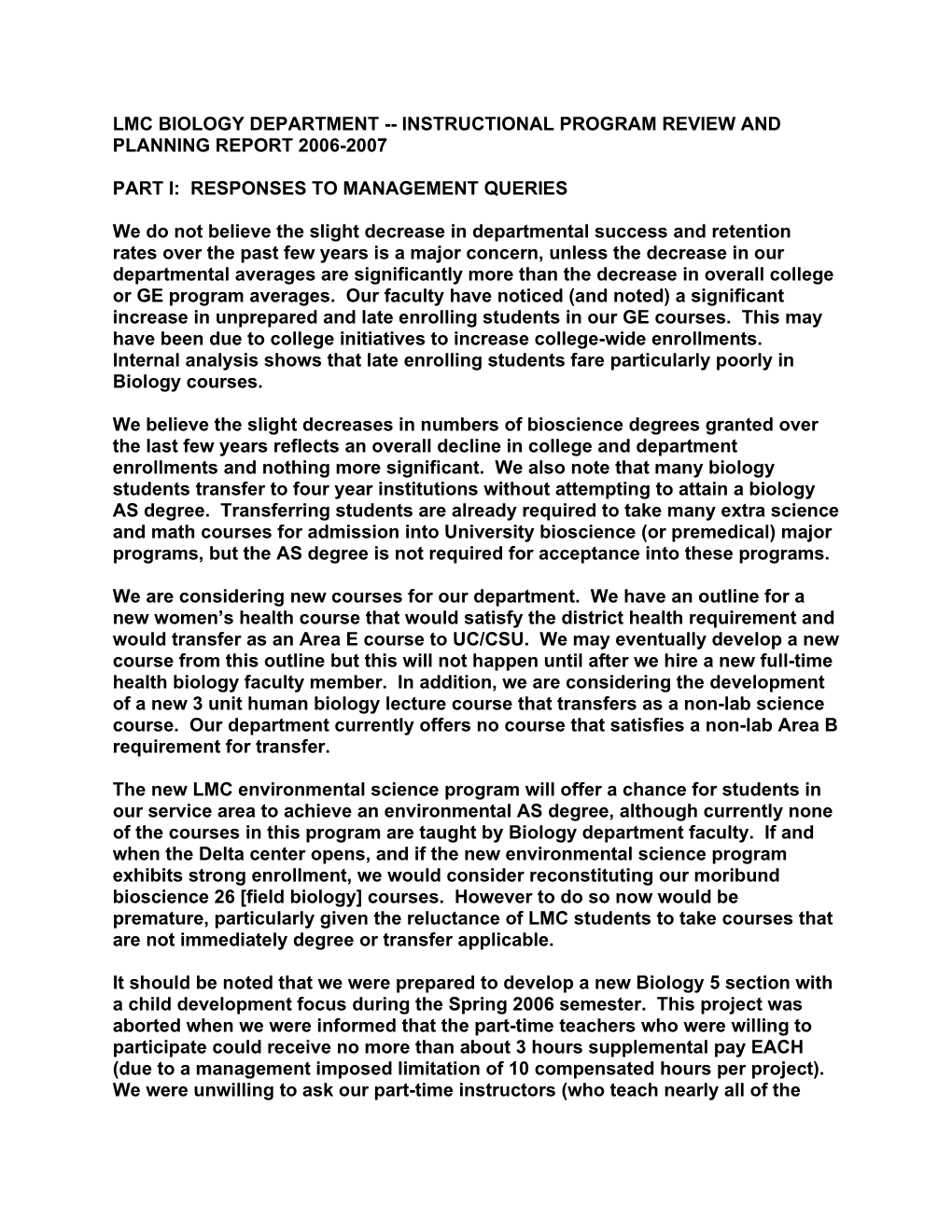 Lmc Biology Department Instructional Program Review and Planning Report 2006-2007