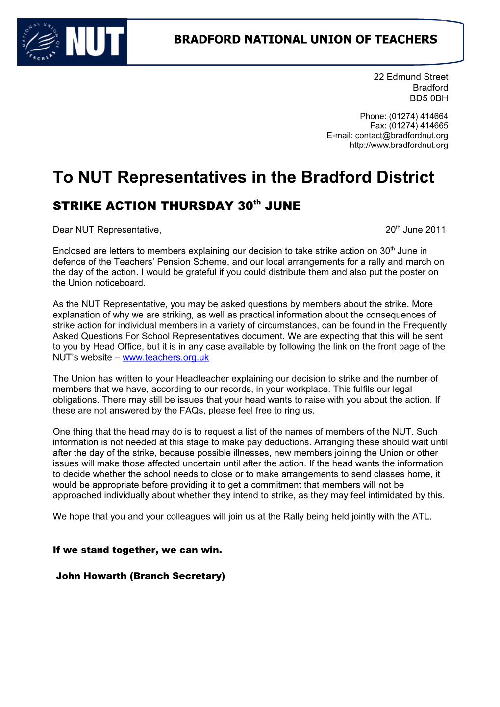 To NUT Representatives in the Bradford District