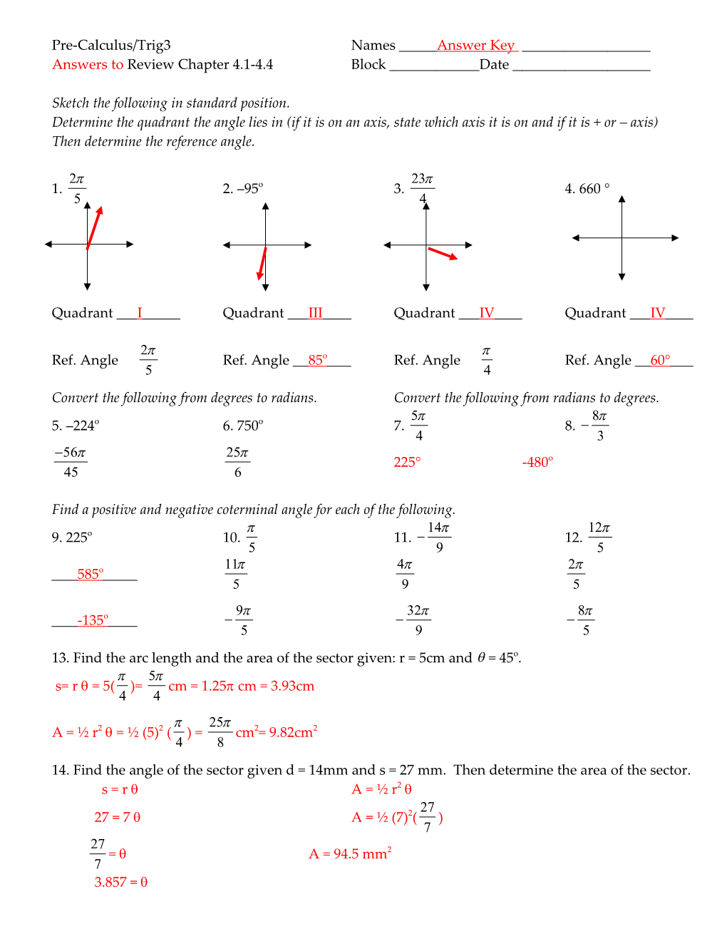 Pre-Calculus/Trig3 Names Answer Key