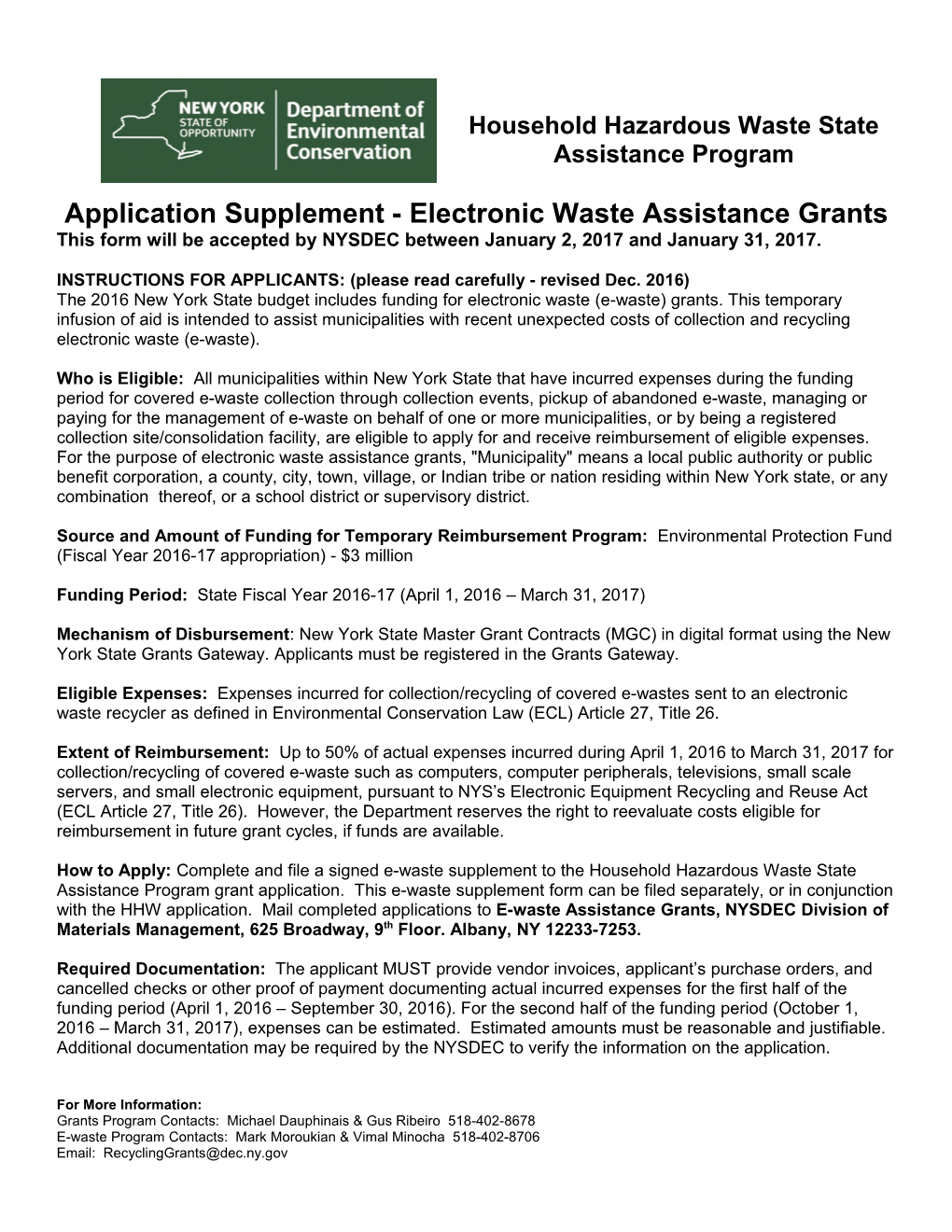 Household Hazardous Waste State Assistance Program