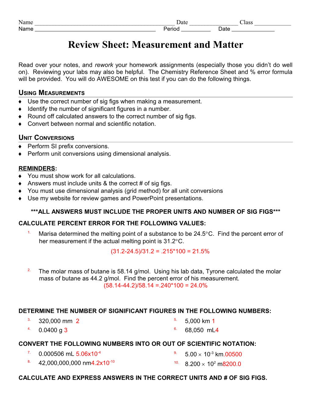 Review Sheet: Measurement and Matter