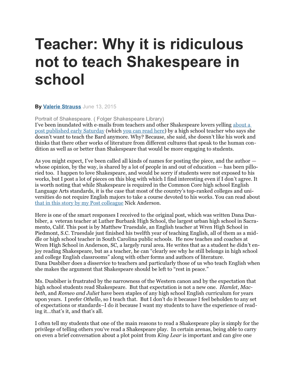 Teacher: Why It Is Ridiculous Not to Teach Shakespeare in School