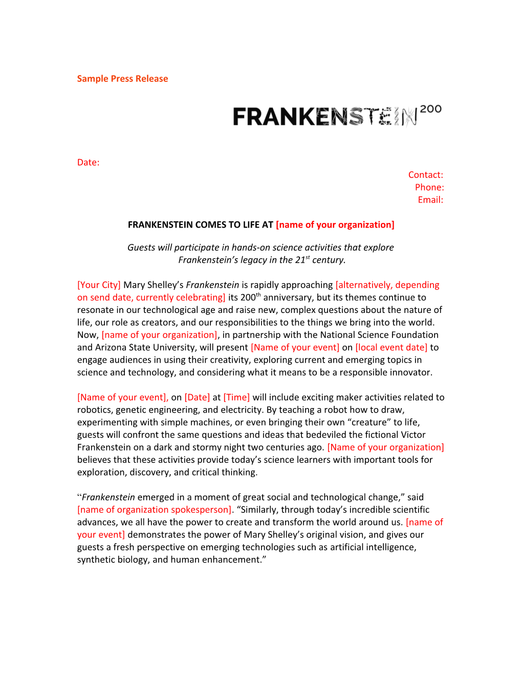 FRANKENSTEIN COMES to LIFE at Name of Your Organization