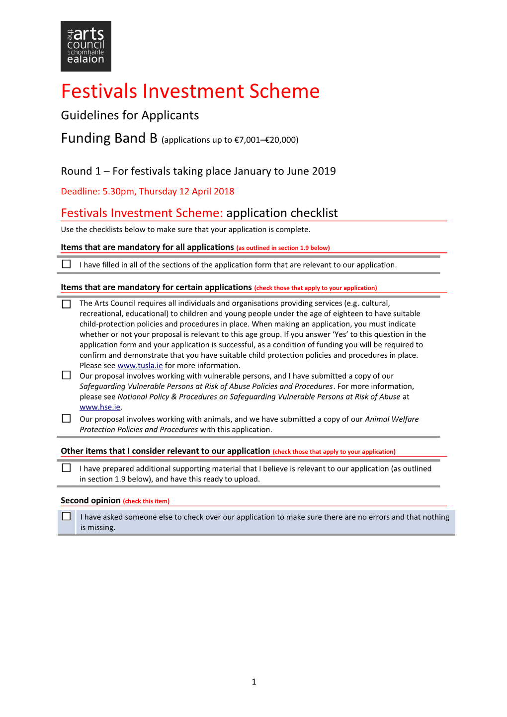 Festivals Investment Scheme: Application Checklist