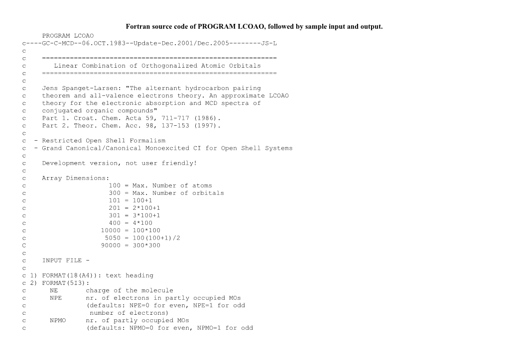 Fortran Source Code of PROGRAM LCOAO, Followed by Sample Input and Output