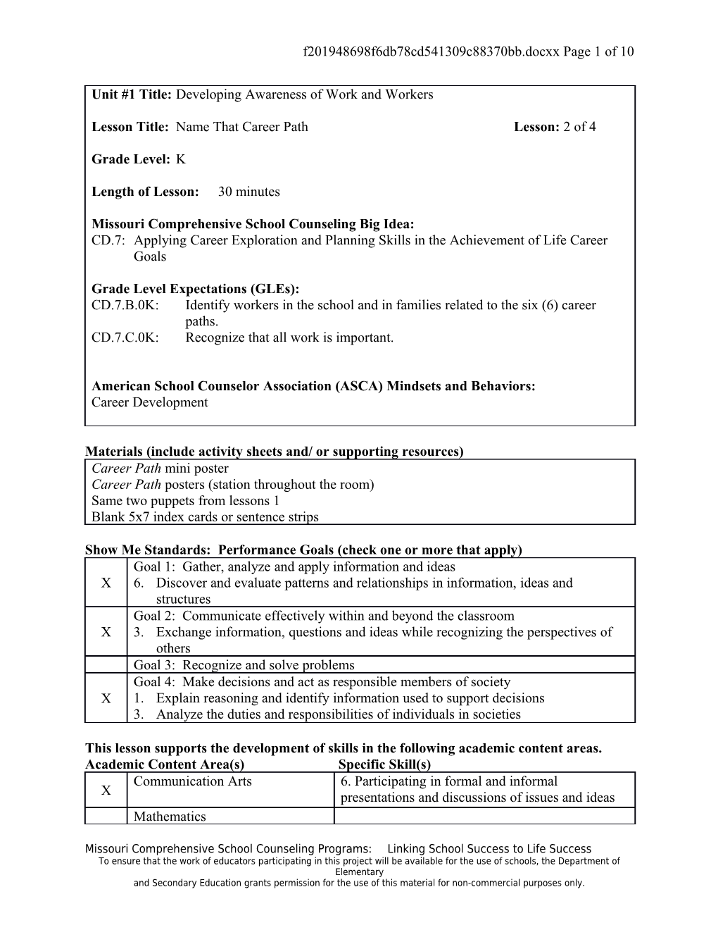 Unit #1 Title: Developing Awareness of Work and Workers