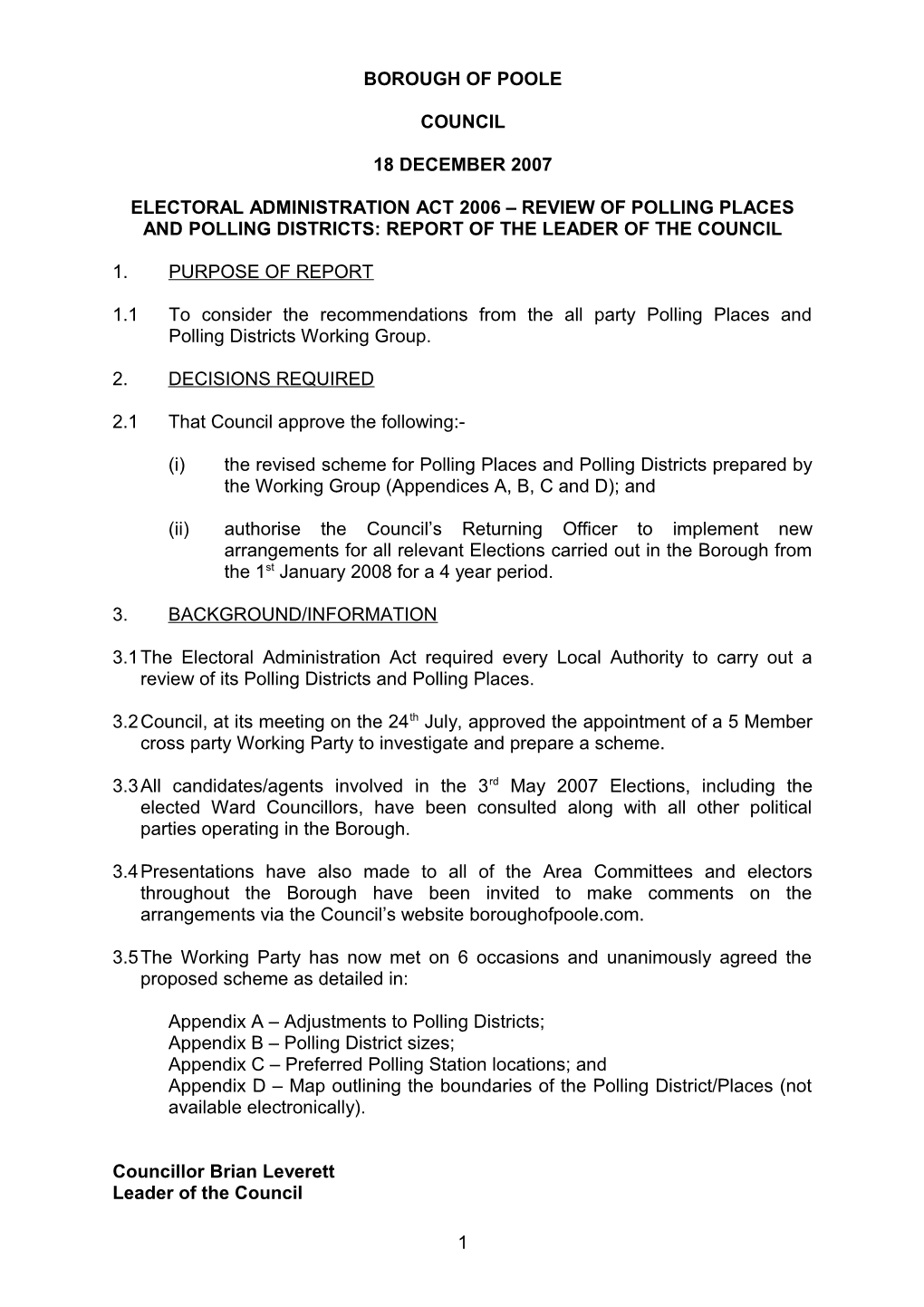 Electoral Administration Act 2006 Review of Polling Places and Polling Districts: Report