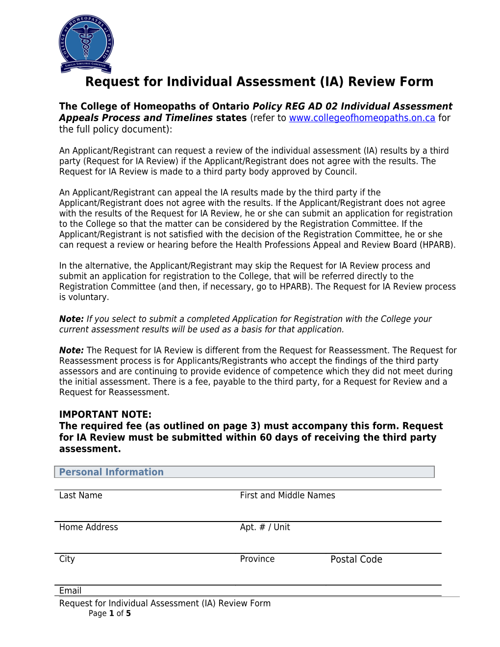 Individual Assessment Request for Review Form