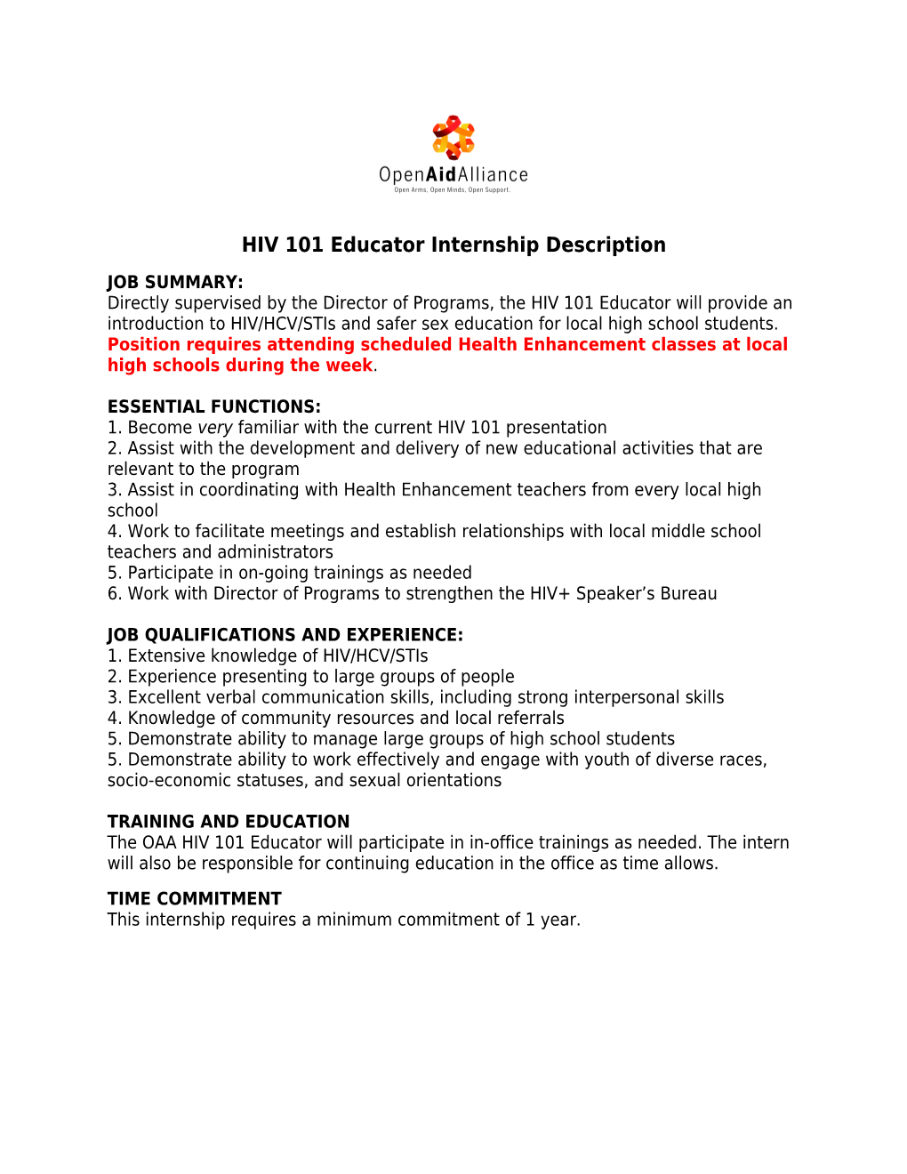 HIV 101 Educator Internship Description