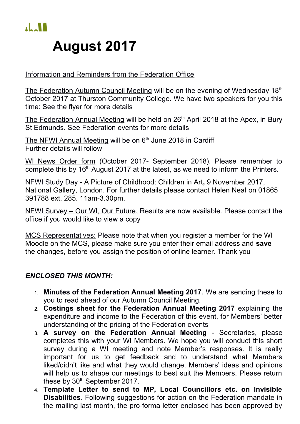 Information and Reminders from the Federation Office