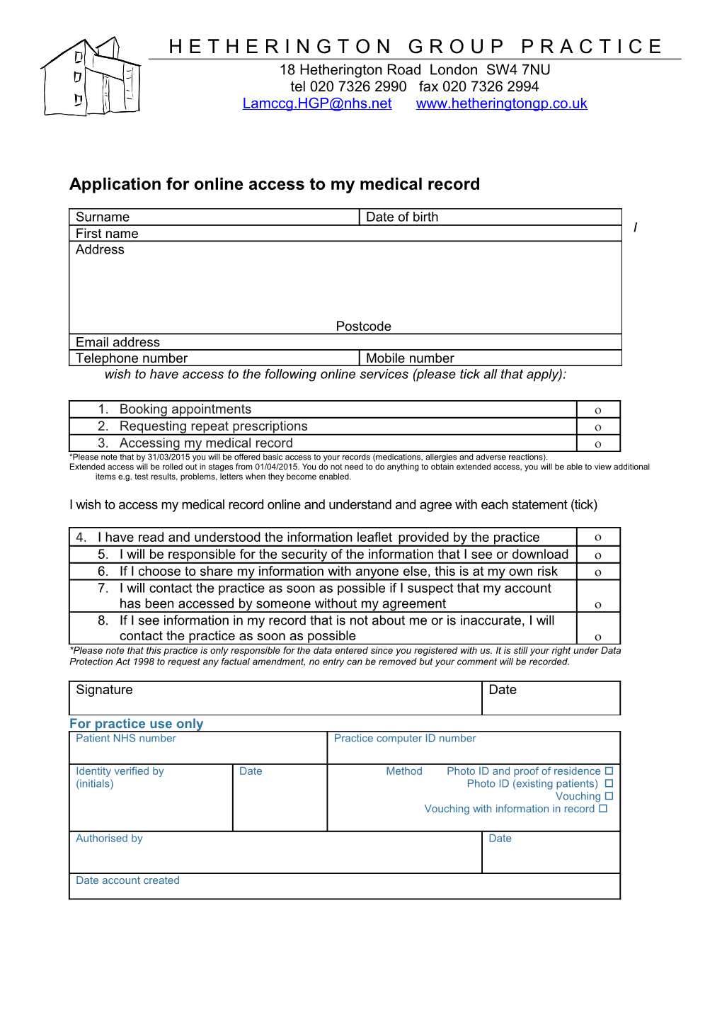 Application for Online Access to My Medical Record