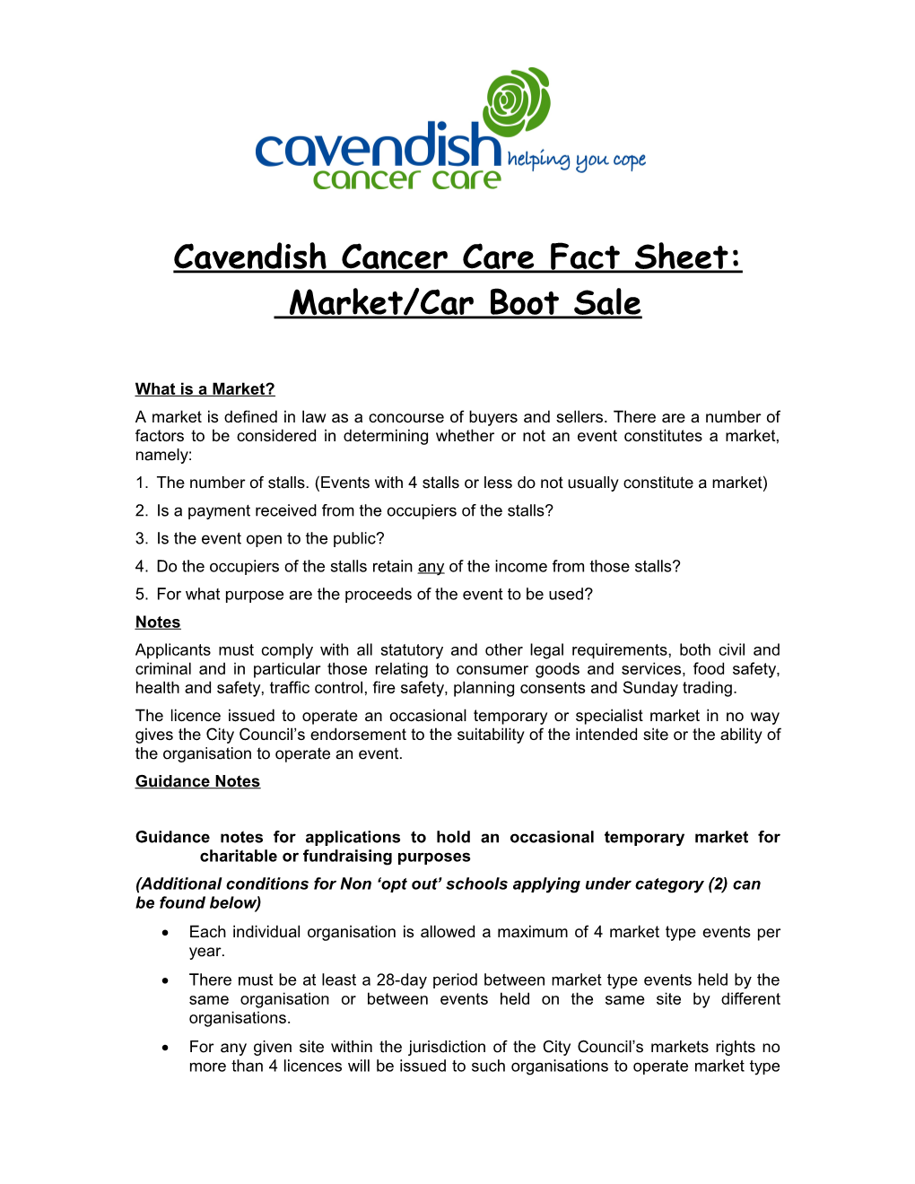 Cavendish Cancer Care Fact Sheet Car Boot Sale