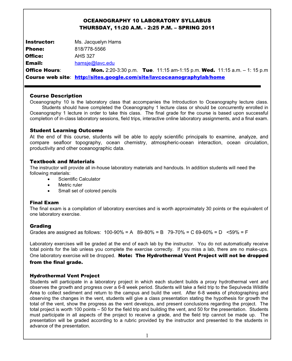 Oceanography 10 Laboratory Syllabus